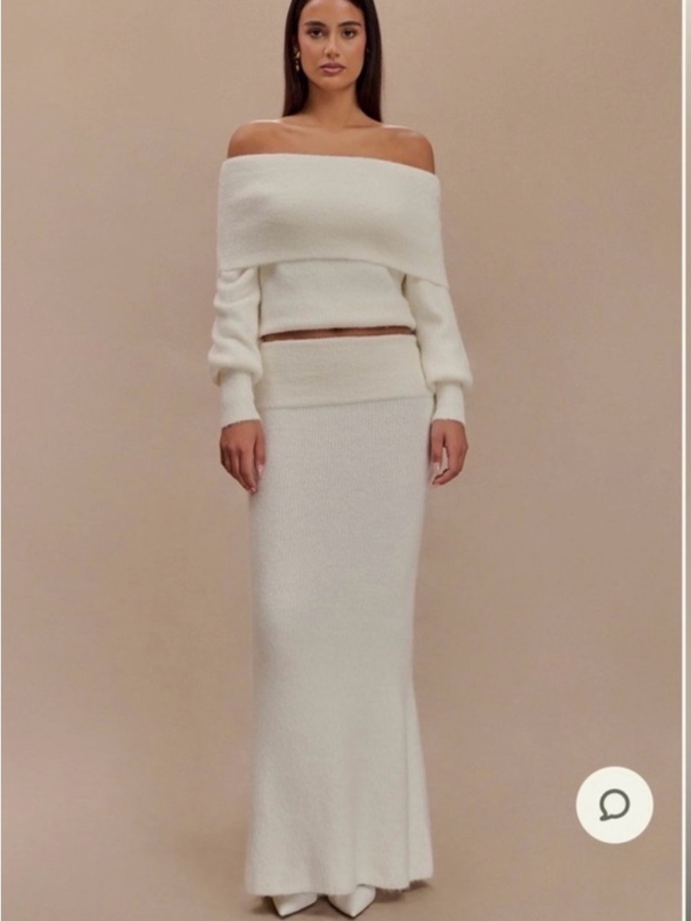 Meshki SET Ivory knit maxi skirt and off shoulder top sz S
